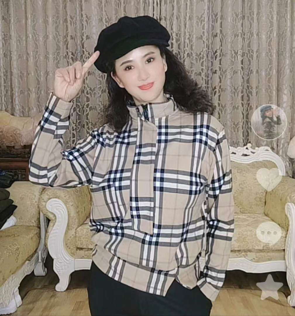 清风酷女郎卡其格子高弹加绒上衣