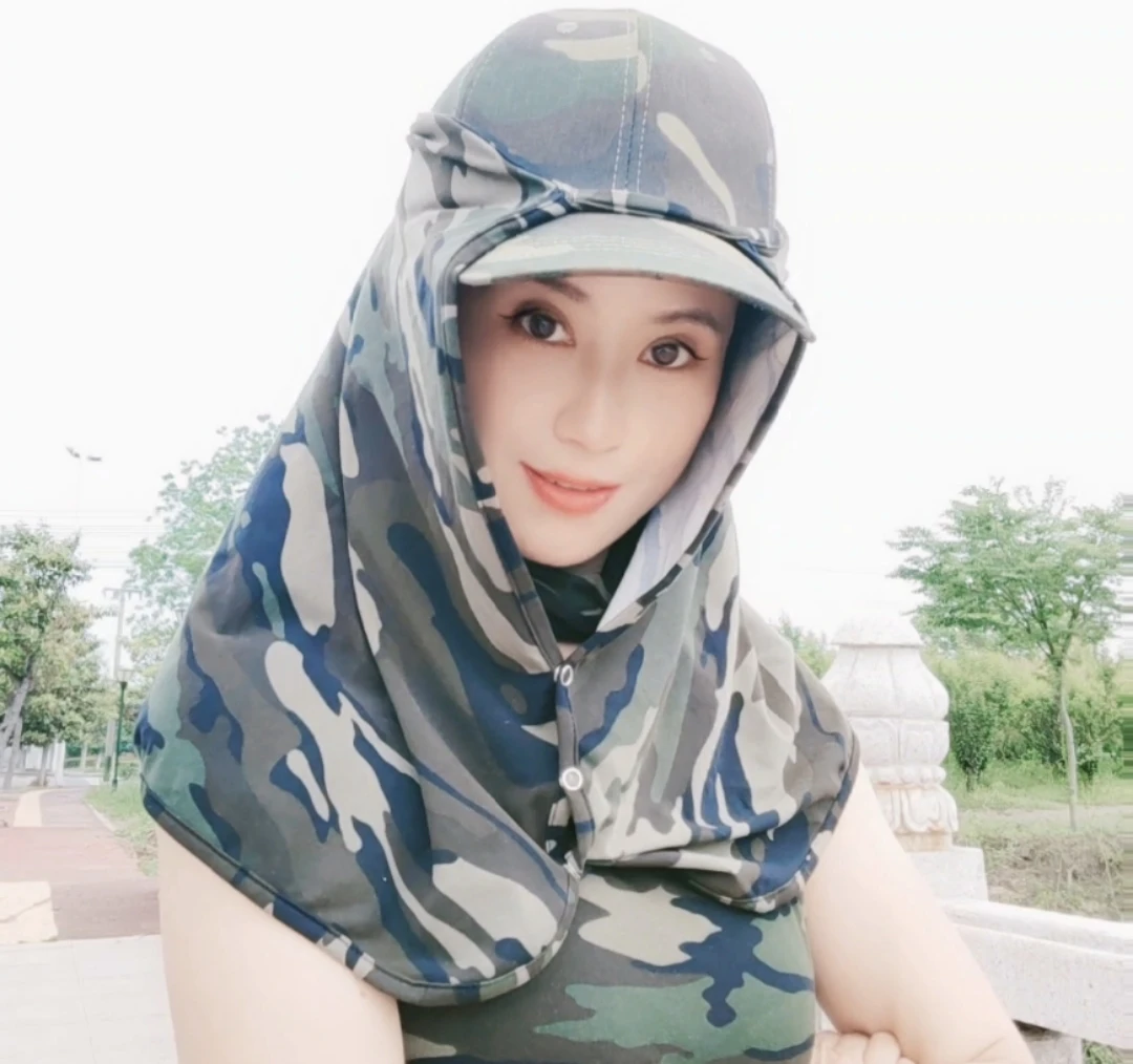 清风酷女郎户外迷彩帽披防晒