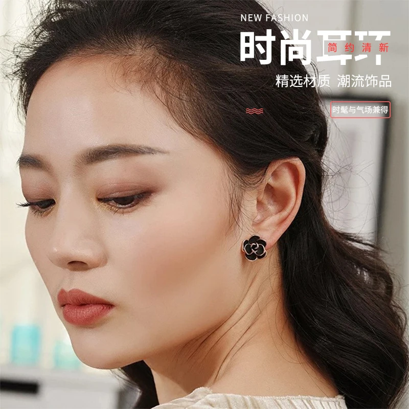 合金仿水晶耳饰 韩版简约玫瑰花朵滴油耳钉小香风耳针耳环