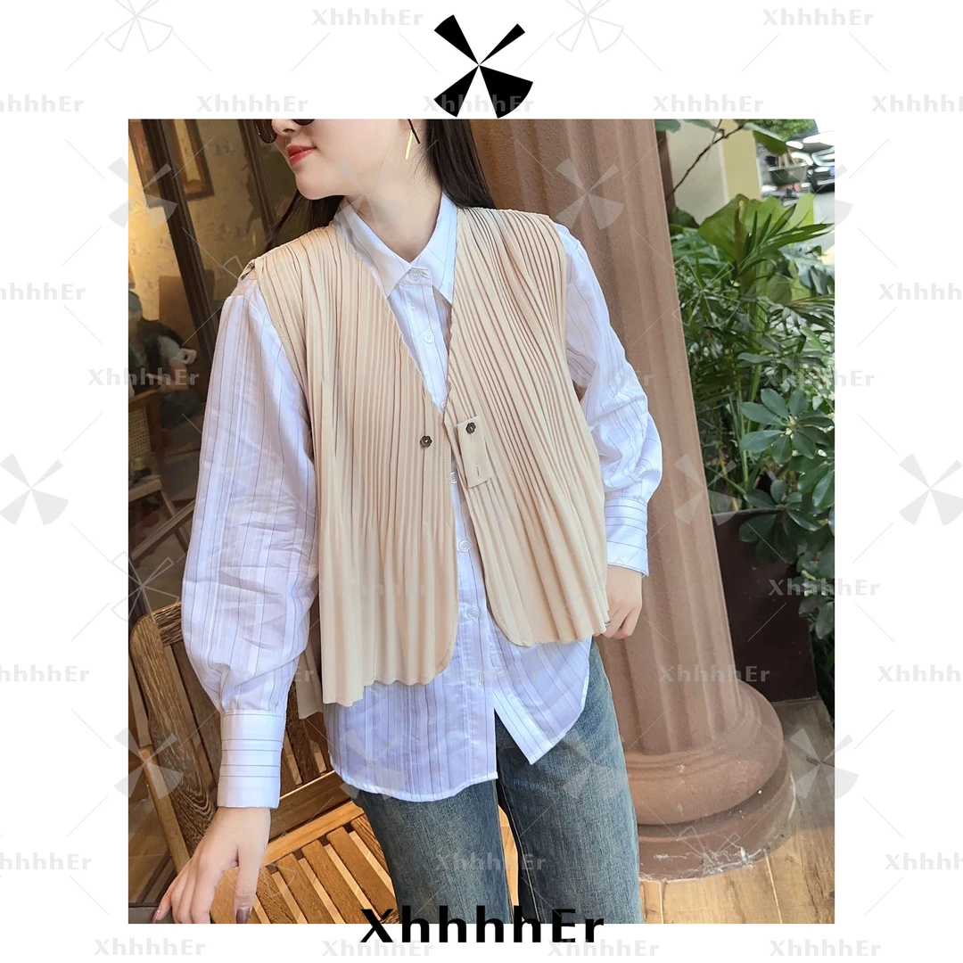 辛儿/小个子“万能马夹”小众设计感韩版休闲宽松百褶马甲 XY1045