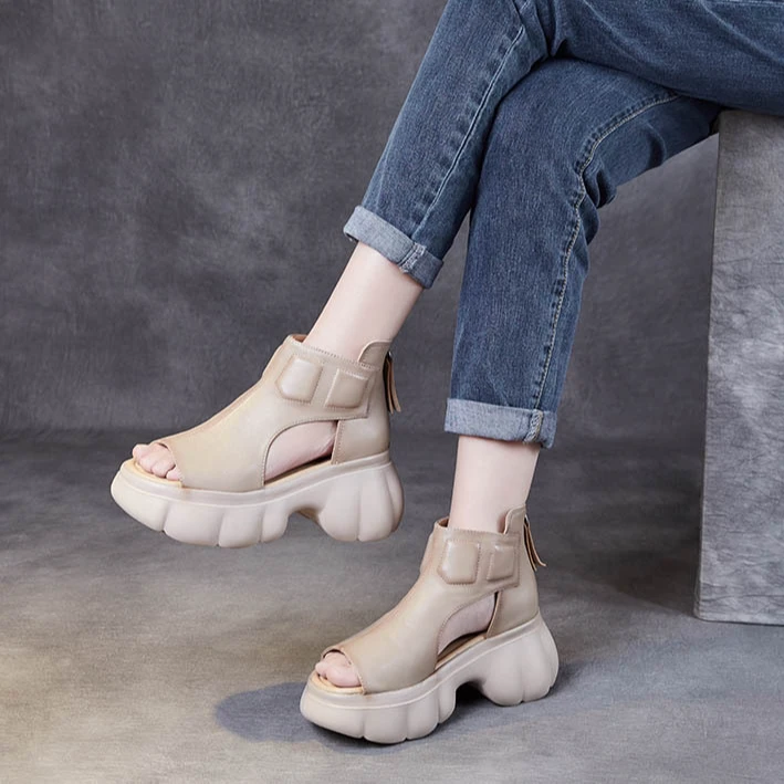 2024新款厚底高跟真皮软底夏季时尚透气复古高帮百搭凉鞋女