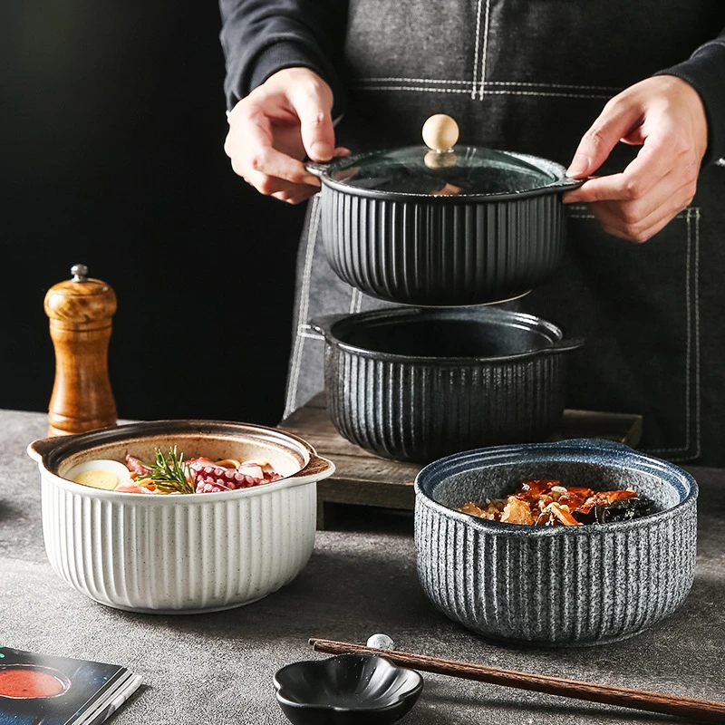 日式餐具大号日系双耳泡面碗带盖陶瓷学生宿舍面碗家用面条吃面碗