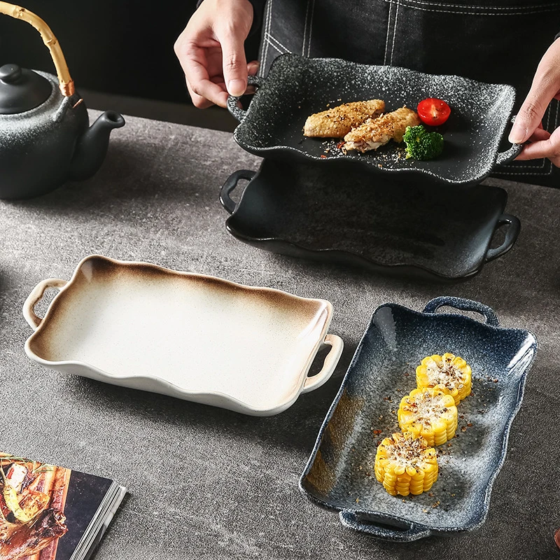 跨境日式双耳烤盘创意陶瓷寿司盘酒店餐厅烘焙焗饭微波炉专用盘子