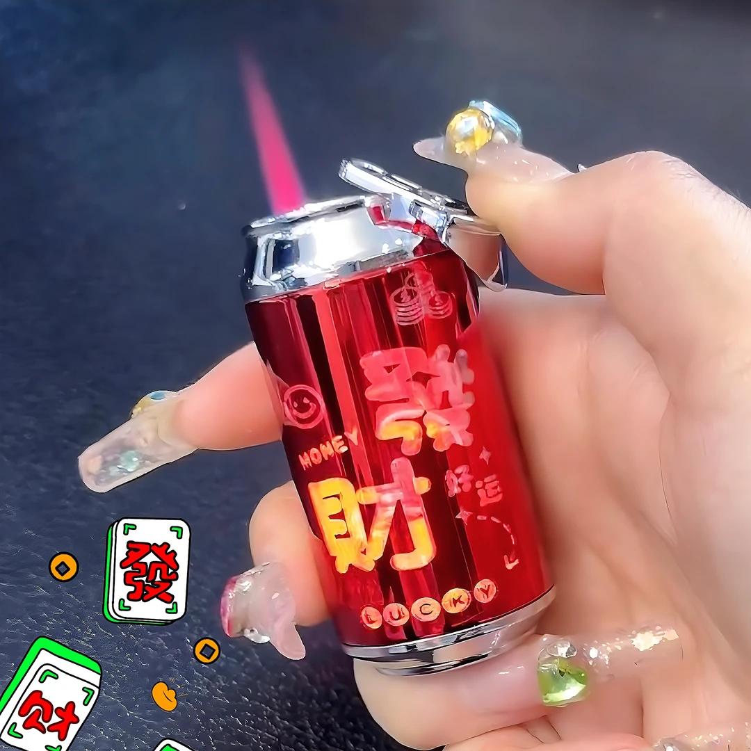 迷你精致易拉罐造型防风打火机粉色火焰透明机身发光带灯图案可爱