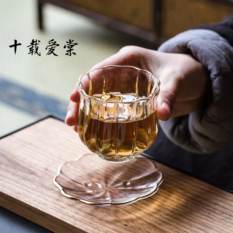 十载爱棠耐热玻璃花瓣品茗杯带杯垫单只功夫茶具个人茶杯家用品杯