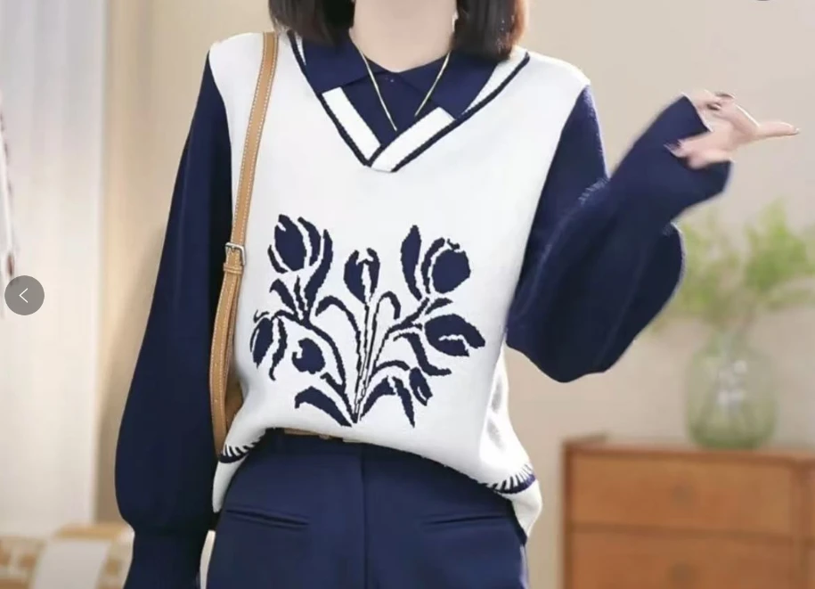 【柏林花事】加厚羊角袖假两件芝麻点设计提花毛衣翻领撞色针织上衣