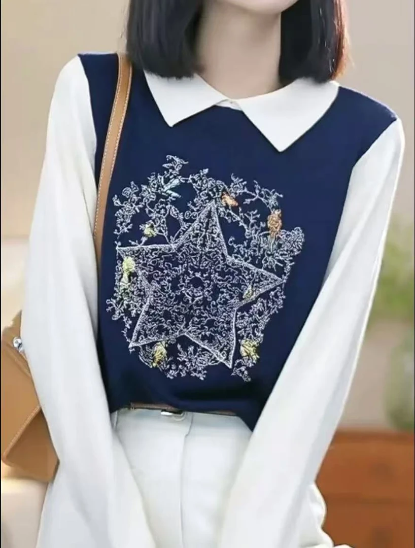 【巴黎慢调】冬装上新重工刺绣五角星飞鸟套头毛衣设计感撞色上衣