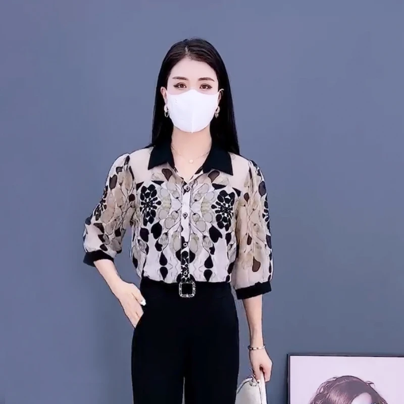 减龄百搭显瘦洋气质时尚气质印花衬衫2024年夏季新款妈妈装中袖