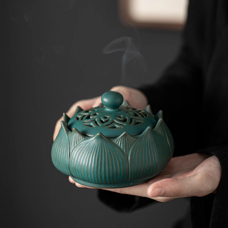 复古陶瓷莲花香炉 檀香家用香道摆件荷花薰香炉创意香炉香道茶室
