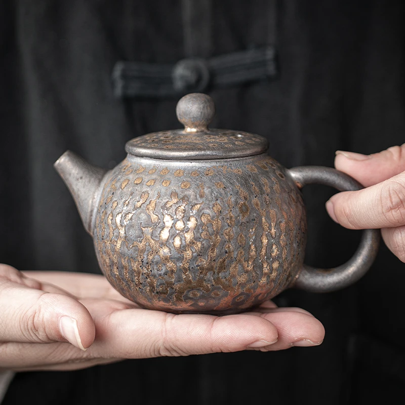 粗陶复古铁锈鎏金釉锤纹泡茶壶日式粗陶手工泡茶器单壶杯功夫茶具