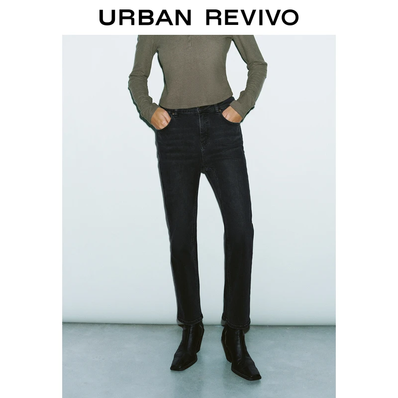 UR秋冬新款女装百搭高腰修身直筒洗水牛仔长裤UYY840080