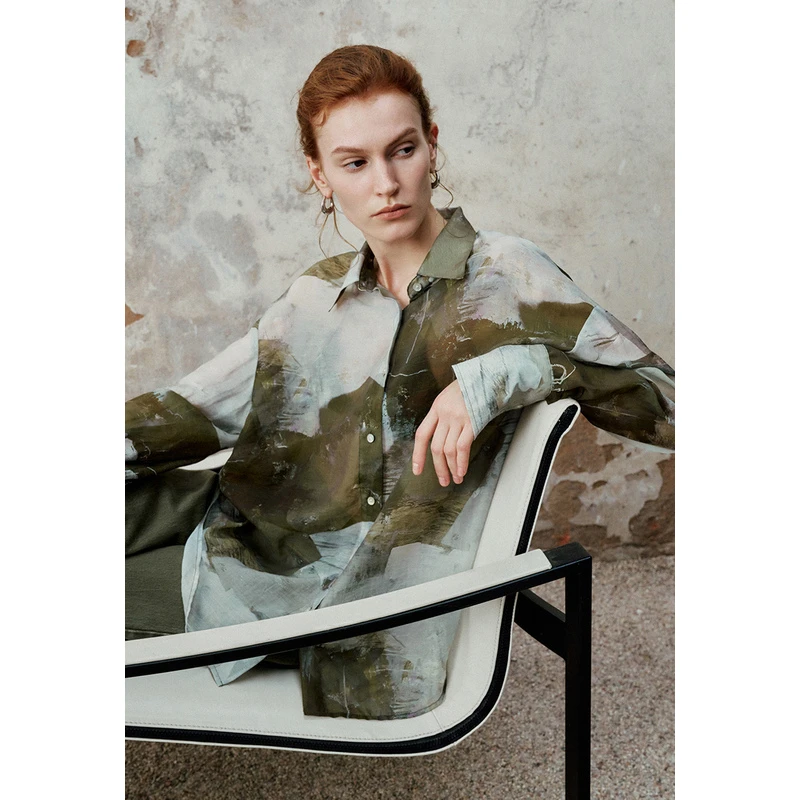 【明星同款】UR女装印花长袖开襟衬衫UWH240094