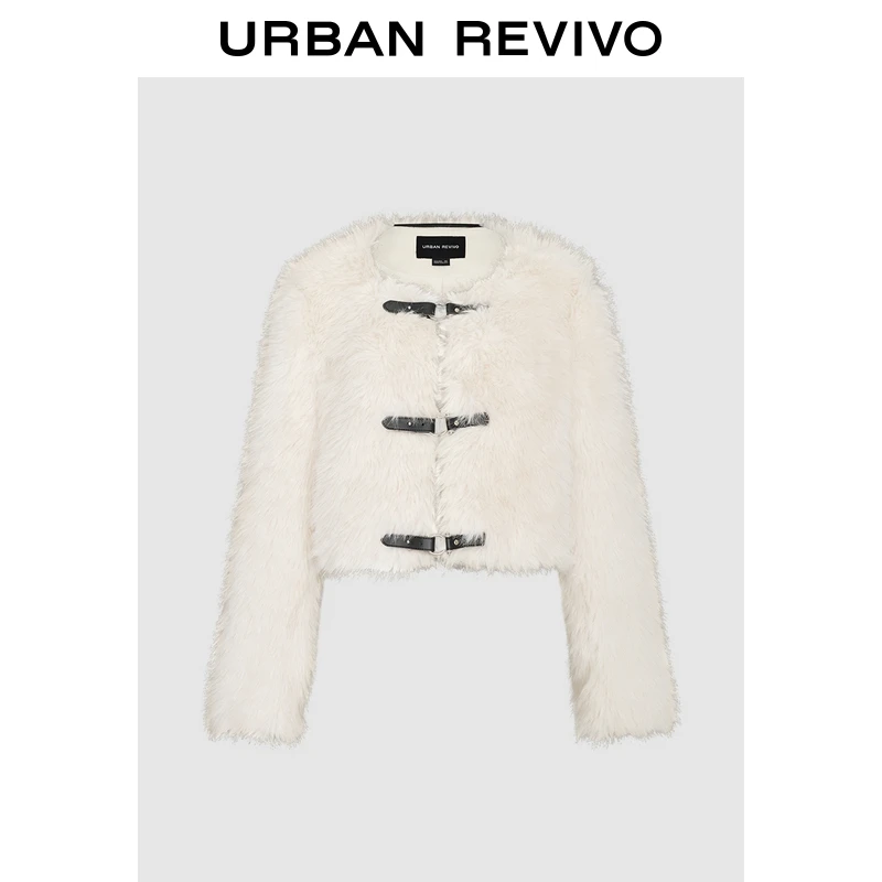 UR2024秋冬新款女装氛围感金属皮扣毛绒感圆领外套UWG140137+