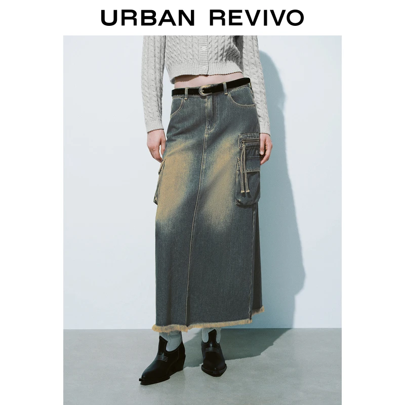 UR冬季新款女装街头风多口袋毛边高腰牛仔半裙UYL840022
