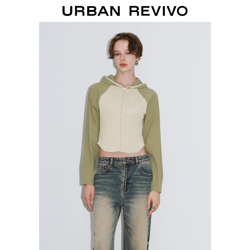 UR女休闲拼接撞色修身插肩袖连帽外套UYV140035