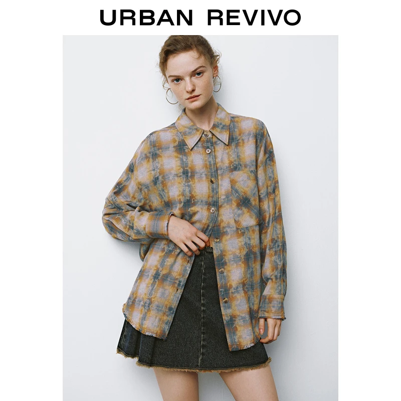 UR女装潮流休闲撞色格子长袖开襟衬衫UYL240036