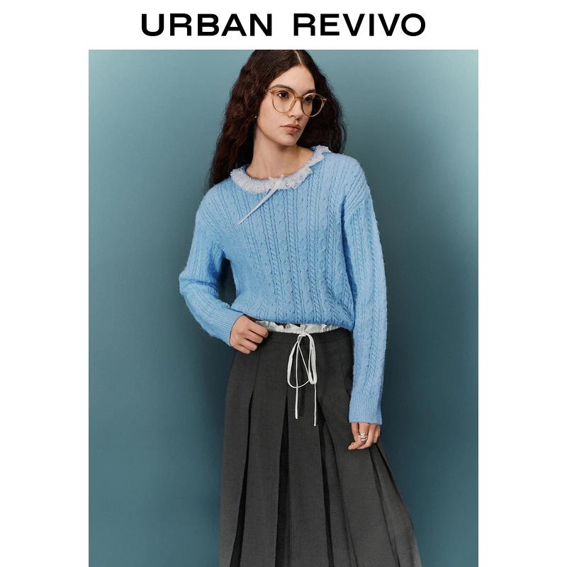 UR冬季新款女装芭蕾风蕾丝领肌理感针织衫UYU940050