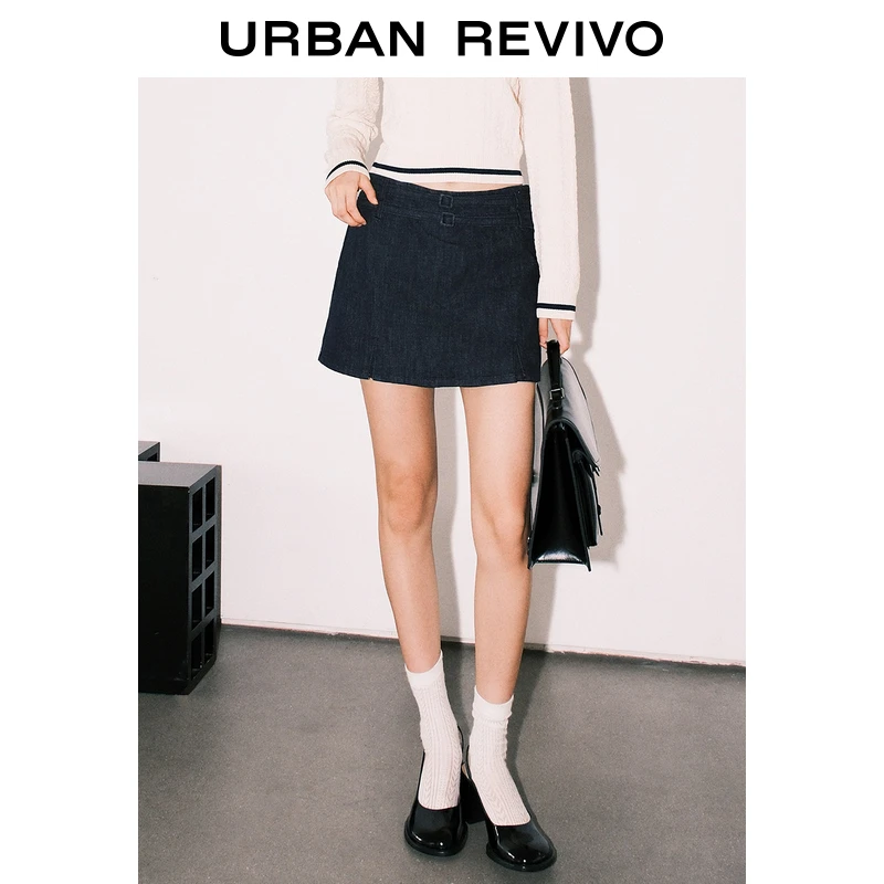 UR女装复古腰带装饰裙裤造型牛仔短裤UYU840001