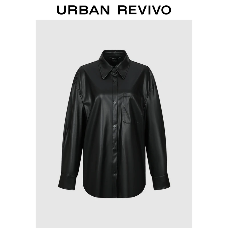 UR2024秋冬新款女装复古摩登气质pu皮质开襟衬衫UWM240017#