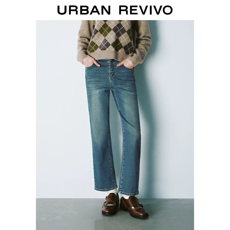 UR2024冬季新款女装都市风百搭高腰直筒牛仔长裤UYU840038