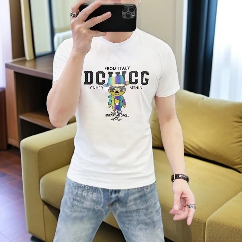 恩斯弗克夏季圆领炫彩镭射亮片烫钻男士修身高品质短袖t恤S22