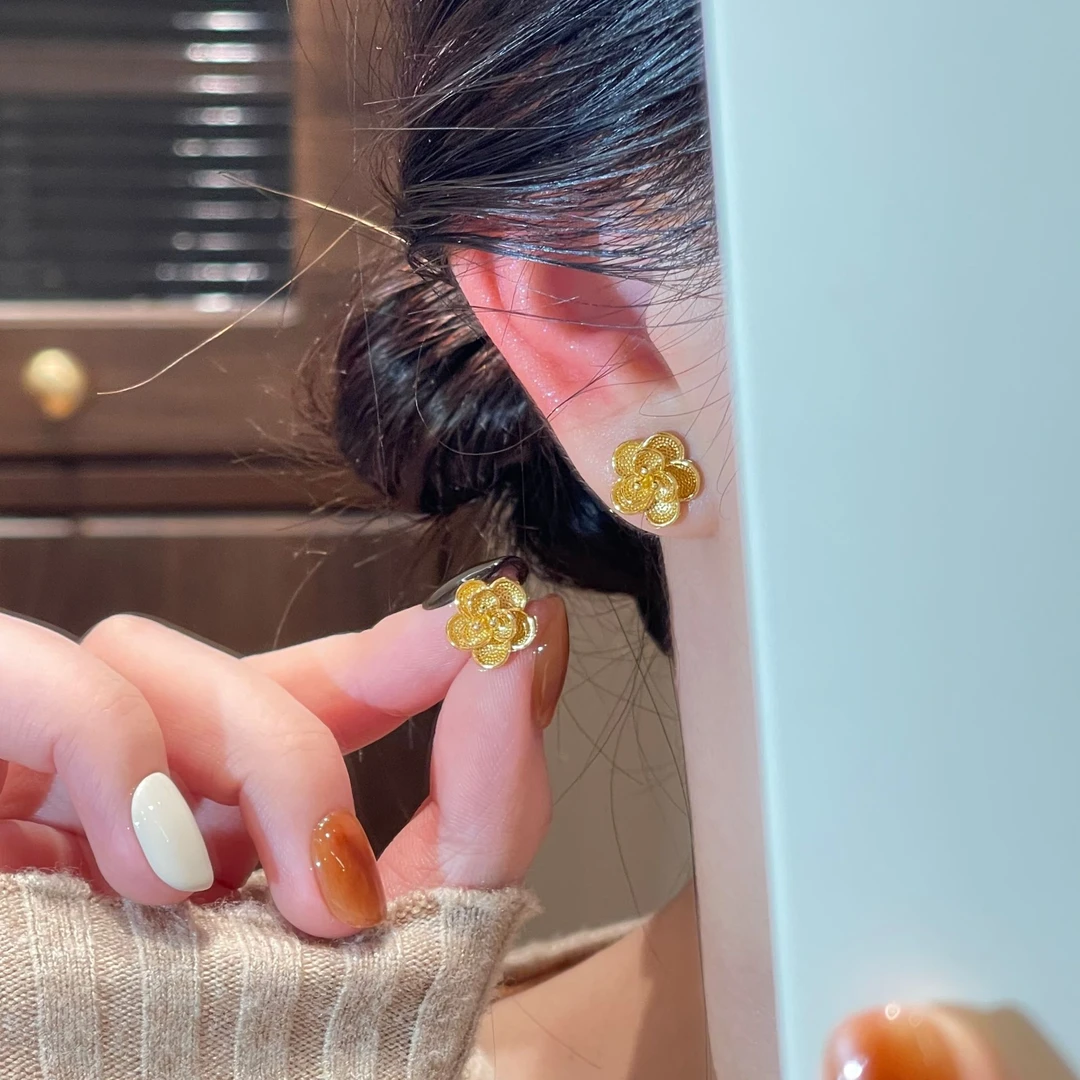 925银针耳饰 金色樱花气质耳钉日式精致百搭耳饰R2017