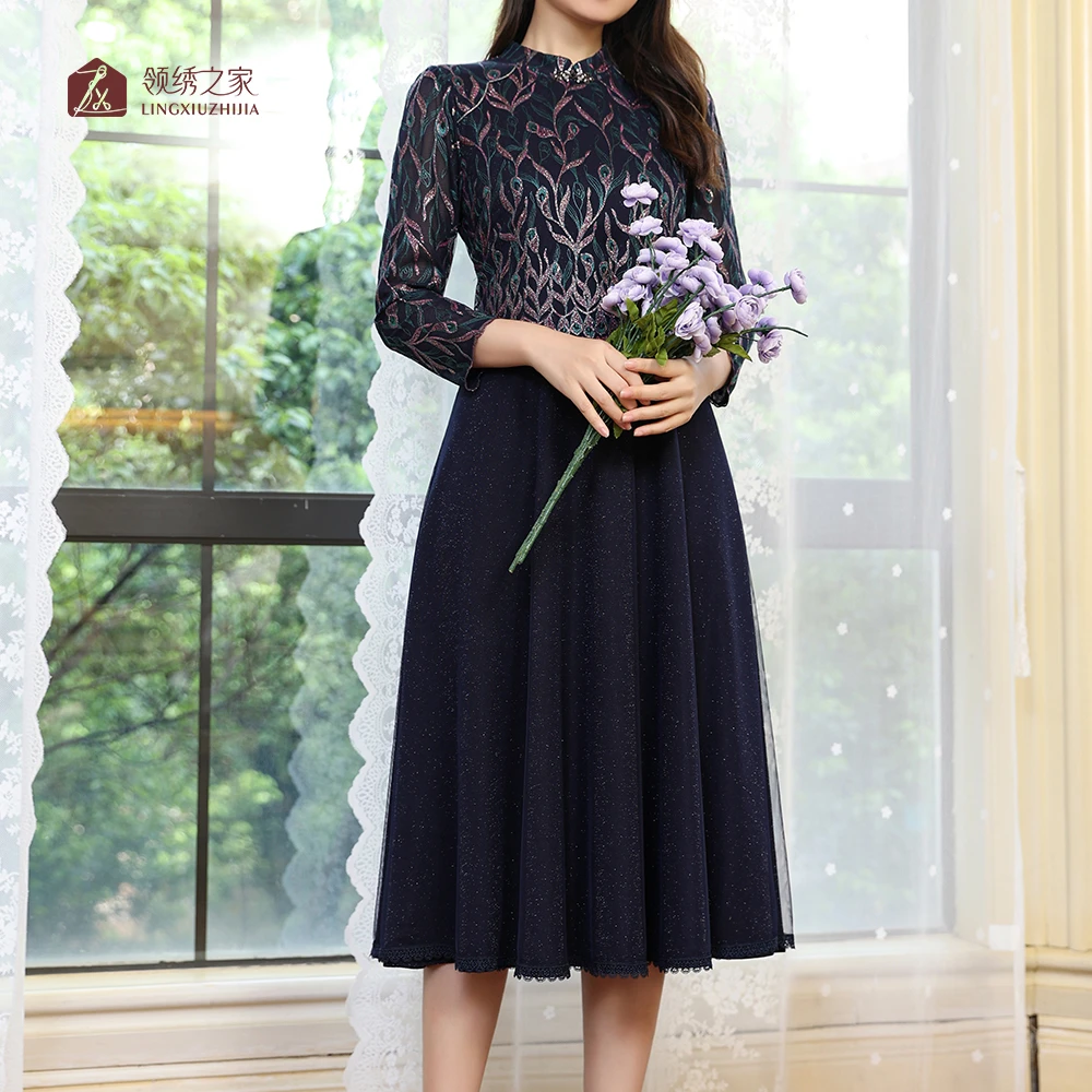 蕾丝绣花连衣裙碎花妈妈装#YC01733H-44时尚洋气显瘦气质连衣裙