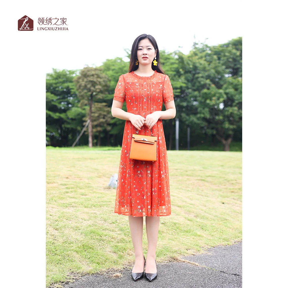 蕾丝绣花连衣裙碎花妈妈装#L700751H-29时尚洋气超显瘦连衣裙气质