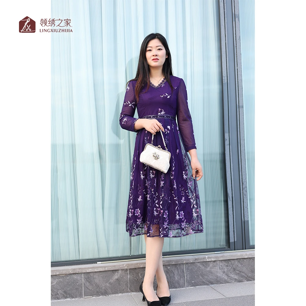 蕾丝绣花连衣裙碎花妈妈装#L800723H-108时尚洋气显瘦气质连衣裙