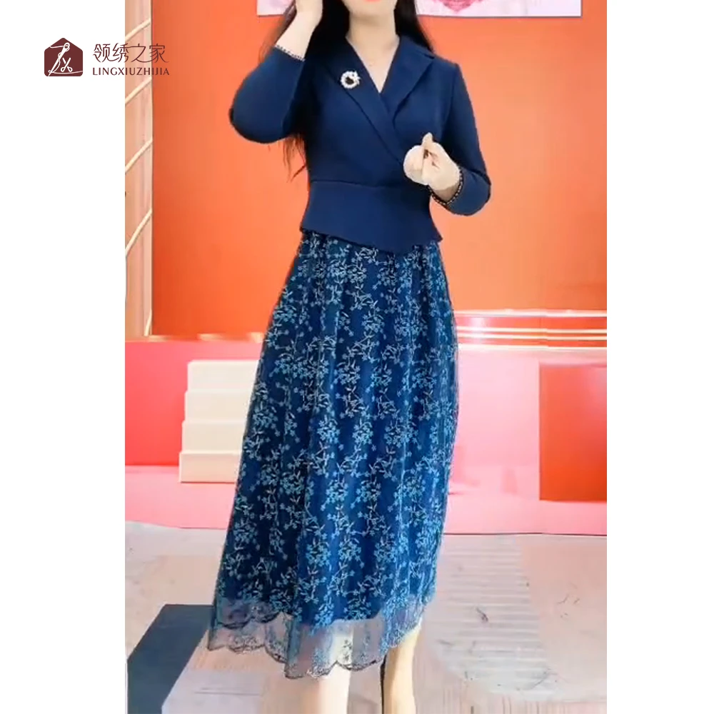 蕾丝绣花连衣裙碎花妈妈装#YC01731H-44时尚洋气显瘦气质休闲修身