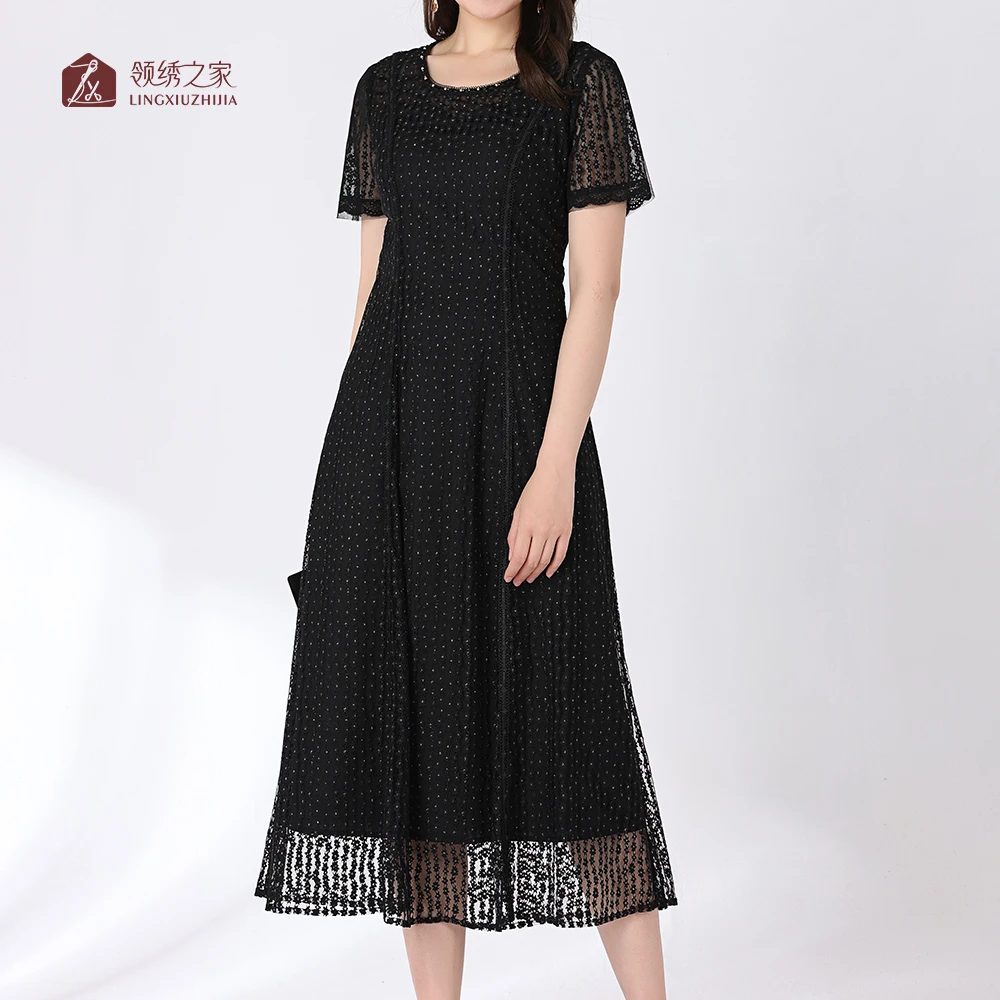 蕾丝绣花连衣裙碎花妈妈装#YB13612H-03时尚洋气超显瘦气质连衣裙