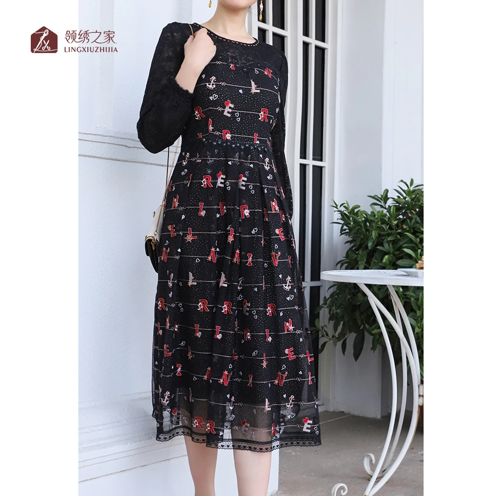 蕾丝绣花连衣裙碎花妈妈装#YC01797H-03时尚洋气显瘦连衣裙气质