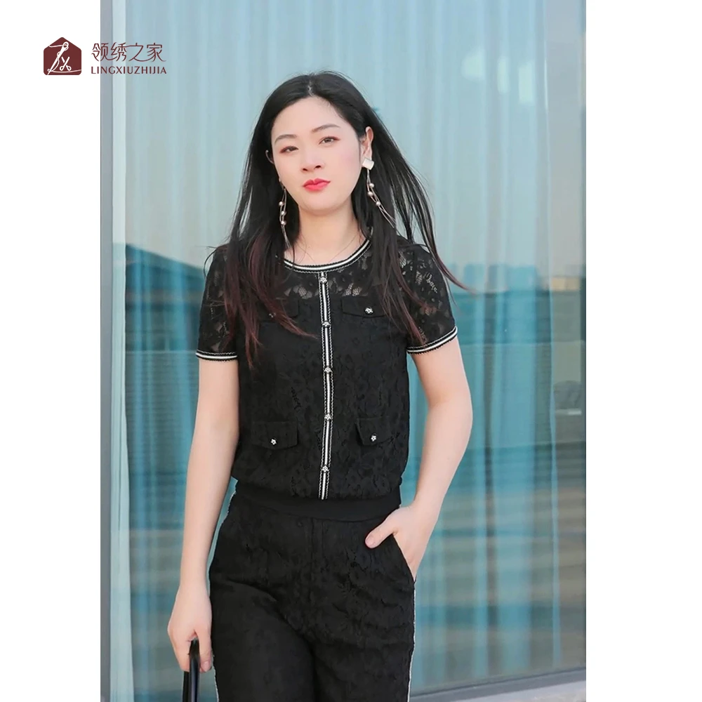 蕾丝上衣绣花拼接衬衫#YB16677A-03夏季碎花圆领时尚运动女装大码