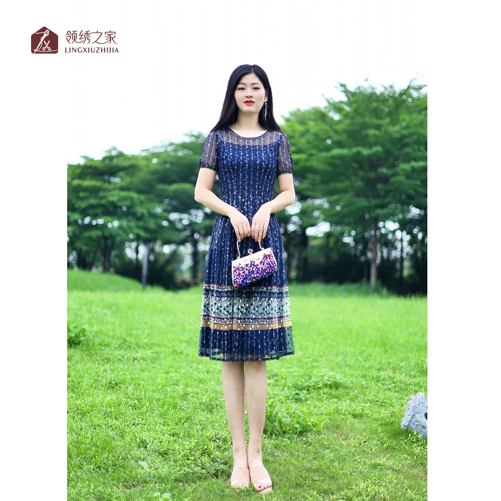 蕾丝绣花连衣裙碎花妈妈装#L700762H-44时尚洋气超显瘦气质连衣裙