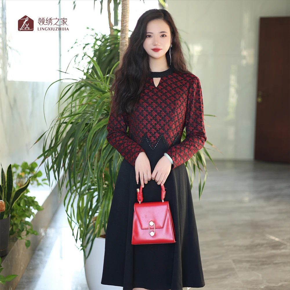 蕾丝绣花连衣裙碎花妈妈装#YC01772H-107时尚洋气显瘦连衣裙气质