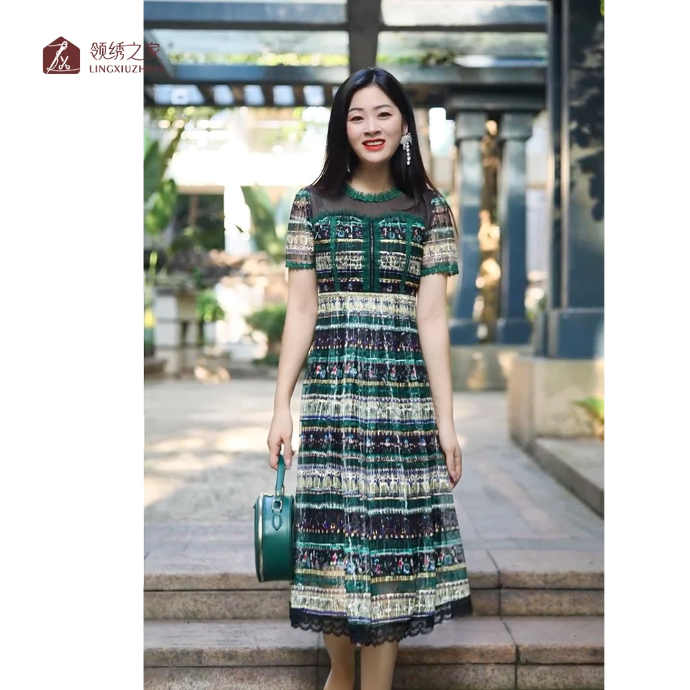 蕾丝绣花连衣裙妈妈装#L700761H-42时尚复古显高修身气质连衣裙