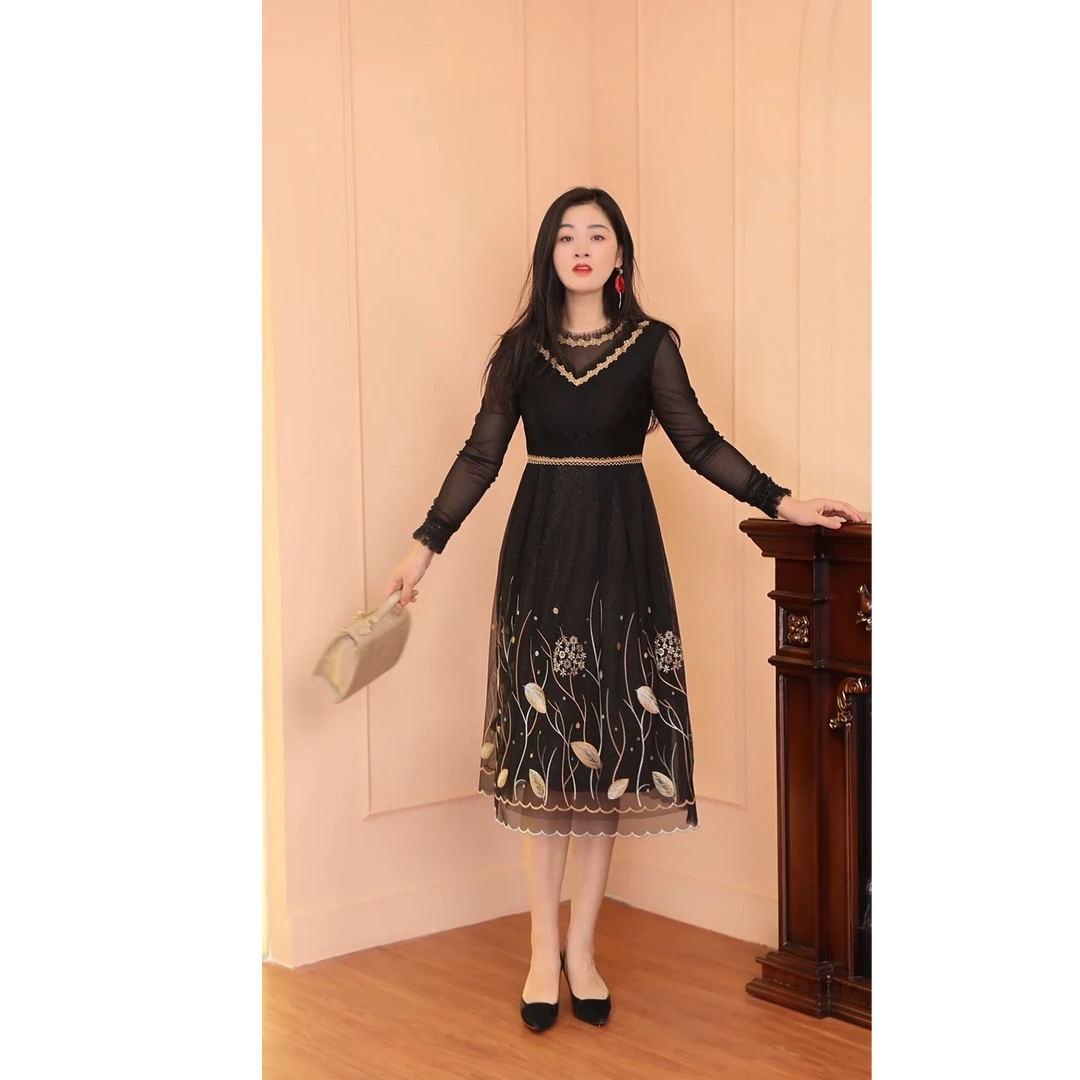 蕾丝绣花连衣裙妈妈装#YC11771H-03时尚修身超显瘦气质连衣裙