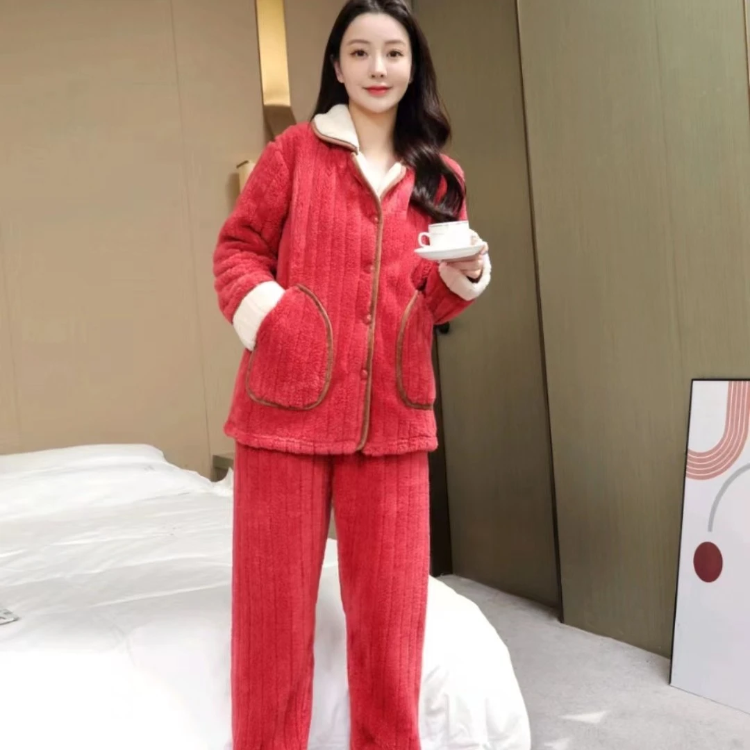 2023冬季时尚休闲可外穿加绒加厚女士睡衣家居服套装