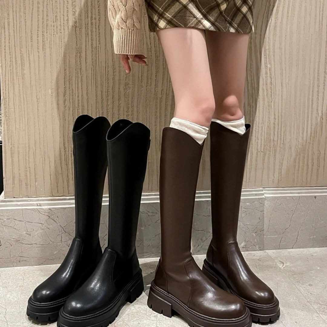 UHCK靴子女2024秋冬厚底骑士靴潮百搭长筒靴中跟不过膝长靴
