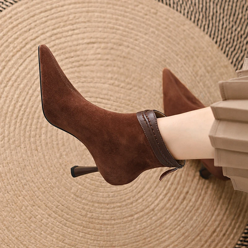 UHCK细跟短靴女复古绒面气质简约裸靴2024新款秋冬尖头高跟鞋法式