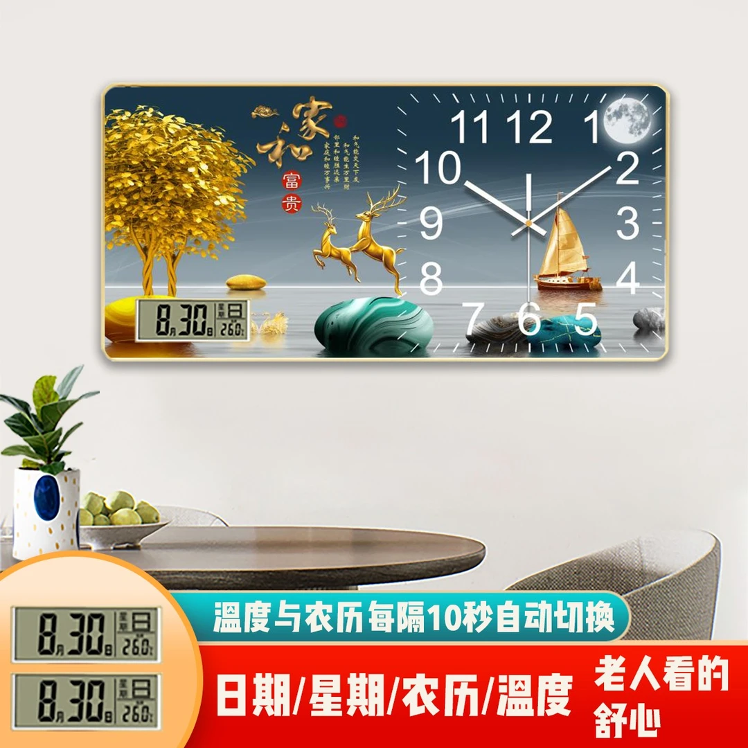 2025款【家和富贵】创意挂钟带公历农历星期温度四合一客厅装饰钟表