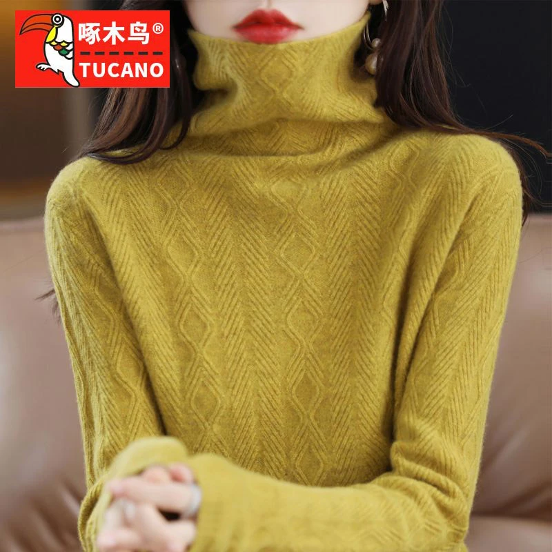 啄木鸟100%正品羊毛衫女高领打底衫2023秋冬堆堆领内搭套头毛衣女