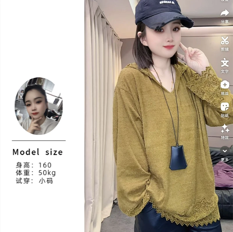 【倩倩】新款百搭日常工艺欧货宽松时尚休闲带帽蕾丝长袖女士上衣