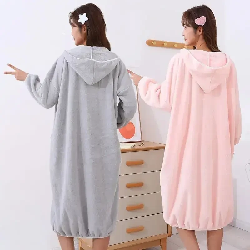 秋冬浴袍可穿浴巾女家用珊瑚绒吸水柔软速干浴裙洗澡睡袍睡衣帽yw