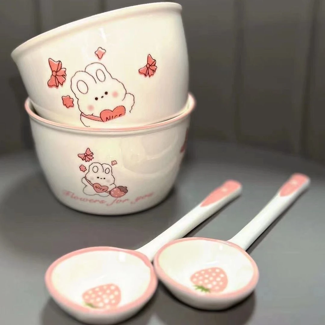 可爱卡通背包兔粉萌餐具勺子ins风草莓陶瓷高颜值饭碗家用yw