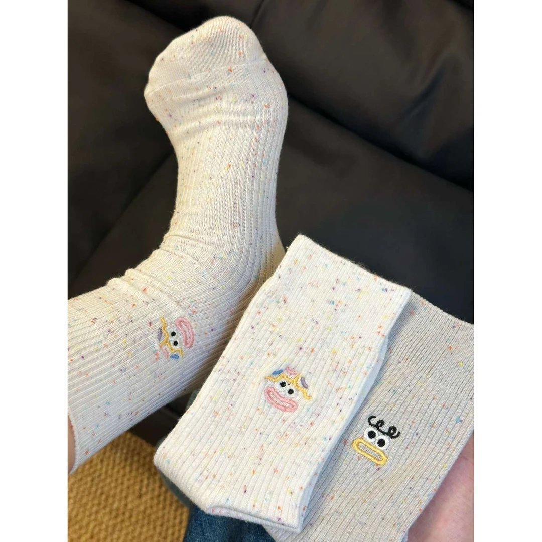 软糯脚感云柔绒堆堆袜子女秋冬彩色点子纱可爱搞怪表情中yw