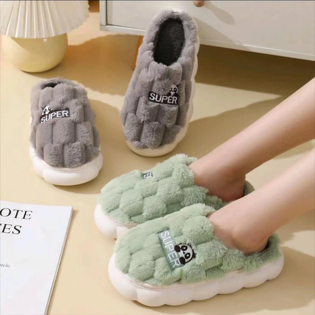 今年新款ins高档冬季情侣加绒厚底棉拖鞋居家防滑网红毛毛拖yw