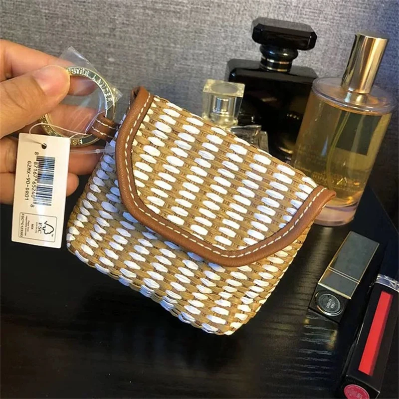 【1个装】10*8*4cm棕色草编零钱包小号翻盖摁扣款