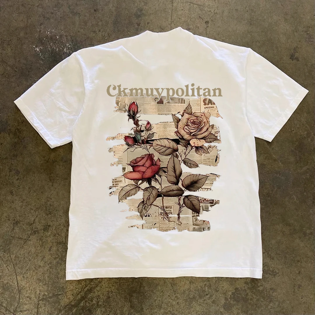 230G重磅纯棉复古字母玫瑰印花T恤男美式ins痞帅高街潮流圆领短袖