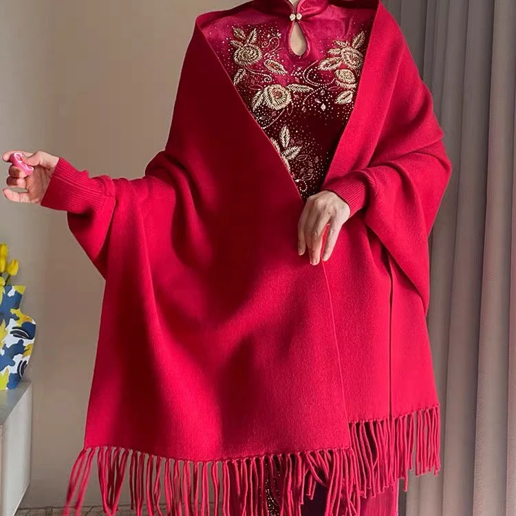 冬季紫色披肩搭配旗袍礼服婚礼喜妈妈婆婆中老年披风外搭外套简约